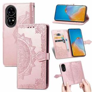 For Huawei P50 Mandala Flower Embossed Horizontal Flip Leather Case with Bracket / Card Slot / Wallet / Lanyard(Rose Gold)