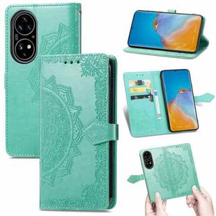 For Huawei P50 Mandala Flower Embossed Horizontal Flip Leather Case with Bracket / Card Slot / Wallet / Lanyard(Green)