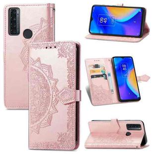 For TCL 20 SE Mandala Flower Embossed Horizontal Flip Leather Case with Bracket / Card Slot / Wallet / Lanyard(Rose Gold)