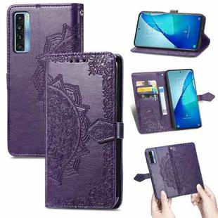 For TCL 20S Mandala Flower Embossed Horizontal Flip Leather Case with Bracket / Card Slot / Wallet / Lanyard(Purple)