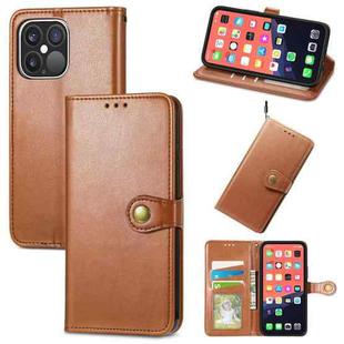 For iPhone 13 Pro Solid Color Leather Buckle Phone Case with Lanyard & Photo Frame & Card Slot & Wallet & Stand Function(Brown)