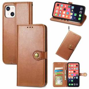 For iPhone 13 mini  Solid Color Leather Buckle Phone Case with Lanyard & Photo Frame & Card Slot & Wallet & Stand Function(Brown)