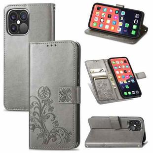 For iPhone 13 Pro Max  Four-leaf Clover Clasp Embossed Buckle Mobile Phone Protection Leather Case with Lanyard & Card Slot & Wallet & Bracket Function(Grey)