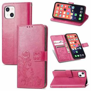 For iPhone 13 Four-leaf Clover Clasp Embossed Buckle Mobile Phone Protection Leather Case with Lanyard & Card Slot & Wallet & Bracket Function(Magenta)