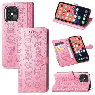 For iPhone 13 Pro Max Cute Cat and Dog Embossed Horizontal Flip Leather Case with Holder & Card Slots & Wallet & Lanyard (Pink)