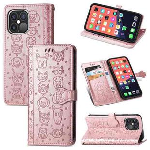 For iPhone 13 Pro Max Cute Cat and Dog Embossed Horizontal Flip Leather Case with Holder & Card Slots & Wallet & Lanyard (Rose Gold)