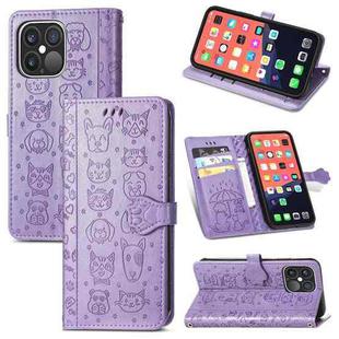 Cute Cat and Dog Embossed Horizontal Flip Leather Case with Holder & Card Slots & Wallet & Lanyard For iPhone 13 Pro Max(Purple)