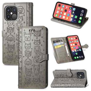 For iPhone 13 Pro Max Cute Cat and Dog Embossed Horizontal Flip Leather Case with Holder & Card Slots & Wallet & Lanyard (Gray)