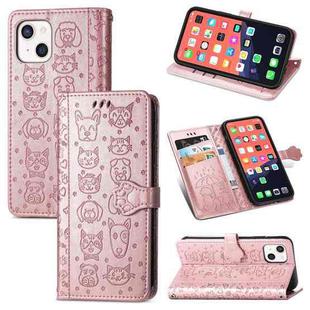 For iPhone 13 Cute Cat and Dog Embossed Horizontal Flip Leather Case with Holder & Card Slots & Wallet & Lanyard For iPhone  13(Rose Gold)