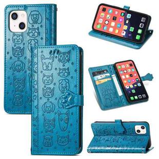 For iPhone 13 Cute Cat and Dog Embossed Horizontal Flip Leather Case with Holder & Card Slots & Wallet & Lanyard For iPhone  13(Blue)