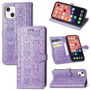For iPhone 13 Cute Cat and Dog Embossed Horizontal Flip Leather Case with Holder & Card Slots & Wallet & Lanyard For iPhone  13(Purple)