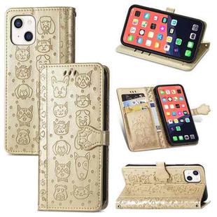 Cute Cat and Dog Embossed Horizontal Flip Leather Case with Holder & Card Slots & Wallet & Lanyard For iPhone  13(Gold)