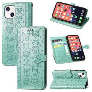 For iPhone 13 Cute Cat and Dog Embossed Horizontal Flip Leather Case with Holder & Card Slots & Wallet & Lanyard For iPhone  13(Green)