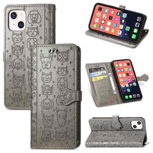 For iPhone 13 Cute Cat and Dog Embossed Horizontal Flip Leather Case with Holder & Card Slots & Wallet & Lanyard For iPhone  13(Gray)