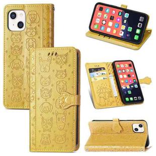 For iPhone 13 mini Cute Cat and Dog Embossed Horizontal Flip Leather Case with Holder & Card Slots & Wallet & Lanyard (Yellow)
