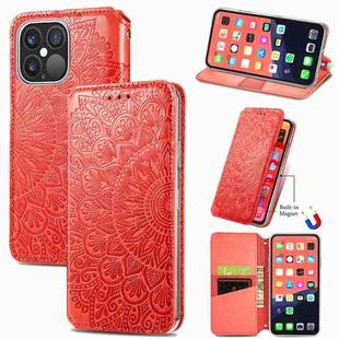 For iPhone 13 Pro Max  Blooming Mandala Embossed Pattern Magnetic Horizontal Flip Leather Case with Holder & Card Slots & Wallet(Red)