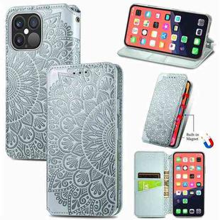 For iPhone 13 Pro Max  Blooming Mandala Embossed Pattern Magnetic Horizontal Flip Leather Case with Holder & Card Slots & Wallet(Grey)