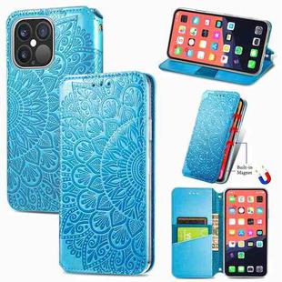 For iPhone 13 Pro Blooming Mandala Embossed Pattern Magnetic Horizontal Flip Leather Case with Holder & Card Slots & Wallet(Blue)