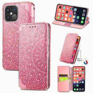 For iPhone 13 Pro Blooming Mandala Embossed Pattern Magnetic Horizontal Flip Leather Case with Holder & Card Slots & Wallet(Pink)