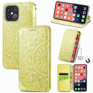 For iPhone 13 Pro Blooming Mandala Embossed Pattern Magnetic Horizontal Flip Leather Case with Holder & Card Slots & Wallet(Yellow)