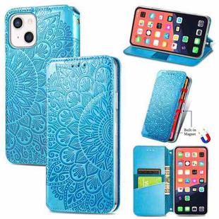 For iPhone 13 Blooming Mandala Embossed Pattern Magnetic Horizontal Flip Leather Case with Holder & Card Slots & Wallet(Blue)