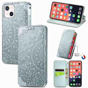 For iPhone 13 Blooming Mandala Embossed Pattern Magnetic Horizontal Flip Leather Case with Holder & Card Slots & Wallet(Grey)