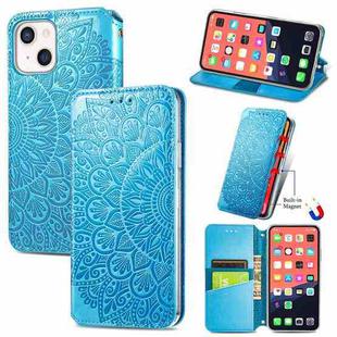 For iPhone 13 mini  Blooming Mandala Embossed Pattern Magnetic Horizontal Flip Leather Case with Holder & Card Slots & Wallet(Blue)
