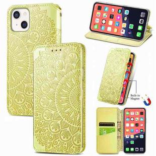 For iPhone 13 mini  Blooming Mandala Embossed Pattern Magnetic Horizontal Flip Leather Case with Holder & Card Slots & Wallet(Yellow)