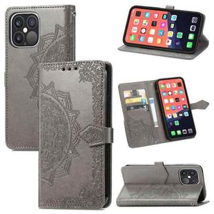 For iPhone 13 Pro Max Mandala Flower Embossed Horizontal Flip Leather Case with Holder & Three Card Slots & Wallet & Lanyard  (Grey)