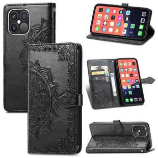 For iPhone 13 Pro Mandala Flower Embossed Horizontal Flip Leather Case with Holder & Three Card Slots & Wallet & Lanyard  (Black)