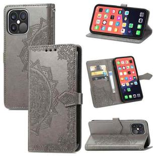 For iPhone 13 Pro Mandala Flower Embossed Horizontal Flip Leather Case with Holder & Three Card Slots & Wallet & Lanyard  (Grey)