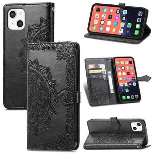 For iPhone 13 Mandala Flower Embossed Horizontal Flip Leather Case with Holder & Three Card Slots & Wallet & Lanyard (Black)