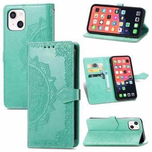 For iPhone 13 mini Mandala Flower Embossed Horizontal Flip Leather Case with Holder & Three Card Slots & Wallet & Lanyard  (Green)