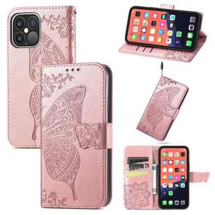 For iPhone 13 Pro Max Butterfly Love Flower Embossed Horizontal Flip Leather Case with Bracket / Card Slot / Wallet / Lanyard (Rose Gold)