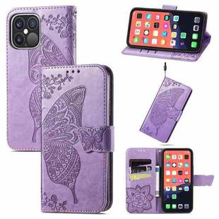 For iPhone 13 Pro Max Butterfly Love Flower Embossed Horizontal Flip Leather Case with Bracket / Card Slot / Wallet / Lanyard (Light Purple)