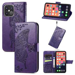 For iPhone 13 Pro Max Butterfly Love Flower Embossed Horizontal Flip Leather Case with Bracket / Card Slot / Wallet / Lanyard (Dark Purple)