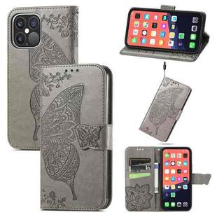 For iPhone 13 Pro Max Butterfly Love Flower Embossed Horizontal Flip Leather Case with Bracket / Card Slot / Wallet / Lanyard (Grey)