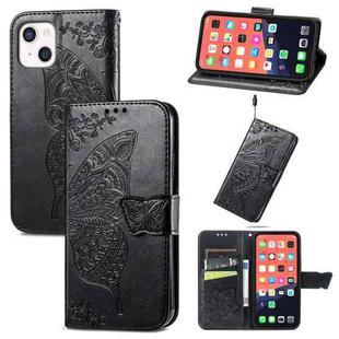 For iPhone 13 Butterfly Love Flower Embossed Horizontal Flip Leather Case with Bracket / Card Slot / Wallet / Lanyard(Black)