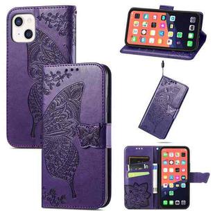 For iPhone 13 Butterfly Love Flower Embossed Horizontal Flip Leather Case with Bracket / Card Slot / Wallet / Lanyard(Dark Purple)