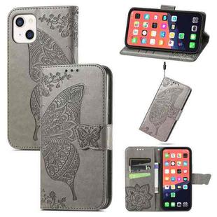 For iPhone 13 Butterfly Love Flower Embossed Horizontal Flip Leather Case with Bracket / Card Slot / Wallet / Lanyard(Grey)
