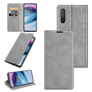 For OnePlus Nord CE 5G Retro-skin Business Magnetic Suction Leather Case with Holder & Card Slots & Wallet(Grey)