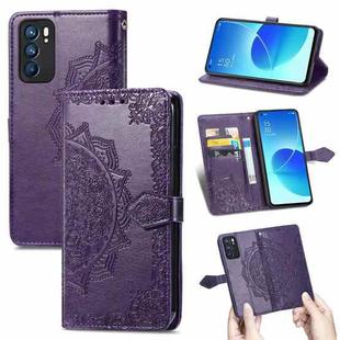 For OPPO Reno6 5G Mandala Flower Embossed Horizontal Flip Leather Case with Holder & Three Card Slots & Wallet & Lanyard(Purple)