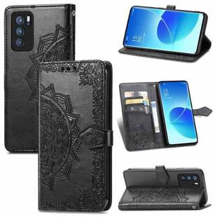 For OPPO Reno6 Pro 5G Mandala Flower Embossed Horizontal Flip Leather Case with Holder & Three Card Slots & Wallet & Lanyard(Black)