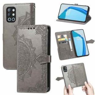 For OnePlus 9R Mandala Flower Embossed Horizontal Flip Leather Case with Holder & Three Card Slots & Wallet & Lanyard(Grey)