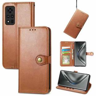For Honor V40 5G Solid Color Leather Buckle Phone Case with Lanyard & Photo Frame & Card Slot & Wallet & Stand Function(Brown)