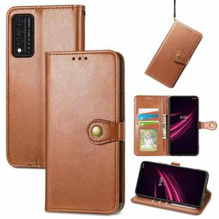 For T-Mobile REVVL V+ 5G Solid Color Leather Buckle Phone Case with Lanyard & Photo Frame & Card Slot & Wallet & Stand Function(Brown)