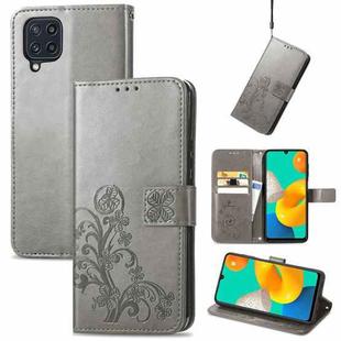 For Samsung Galaxy M32 Four-leaf Clasp Embossed Buckle Mobile Phone Protection Leather Case with Lanyard & Card Slot & Wallet & Bracket Function(Gray)