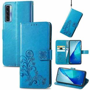 For TCL 20 S Four-leaf Clasp Embossed Buckle Mobile Phone Protection Leather Case with Lanyard & Card Slot & Wallet & Bracket Function(Blue)