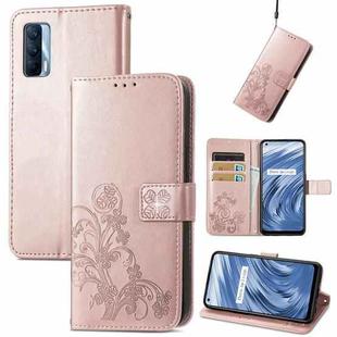 For OPPO Realme V15 5G Four-leaf Clasp Embossed Buckle Mobile Phone Protection Leather Case with Lanyard & Card Slot & Wallet & Bracket Function(Rose Gold)