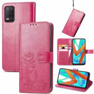 For OPPO Realme V13 Four-leaf Clasp Embossed Buckle Mobile Phone Protection Leather Case with Lanyard & Card Slot & Wallet & Bracket Function(Magenta)